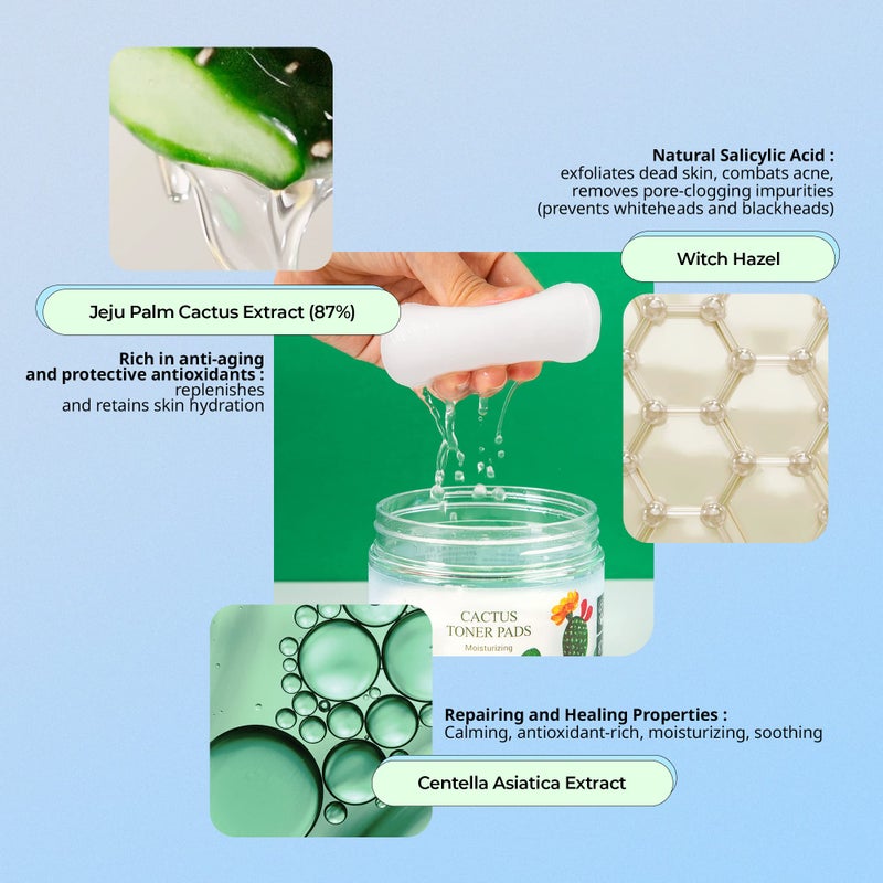 YADAH Cactus Toner Pads 5.07 Fluid Ounce 60 Count, Cruelty Free Facial Cleansing Exfoliator Toning Hydrating Treatment Wipes for Clear Pores Acne Prone Oily Dry Sensitive Skin - Image 4